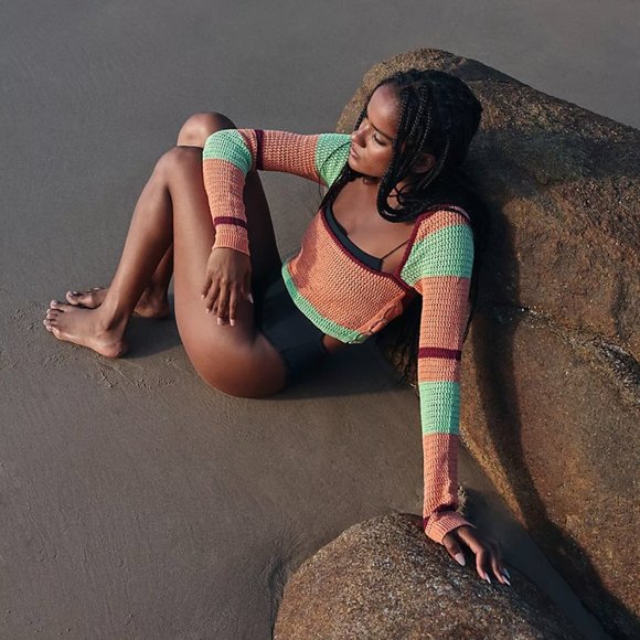 NWT Free People Fauxchet Stripe Crop Top | Peach Nectar Combo | Size L - Picture 7 of 8